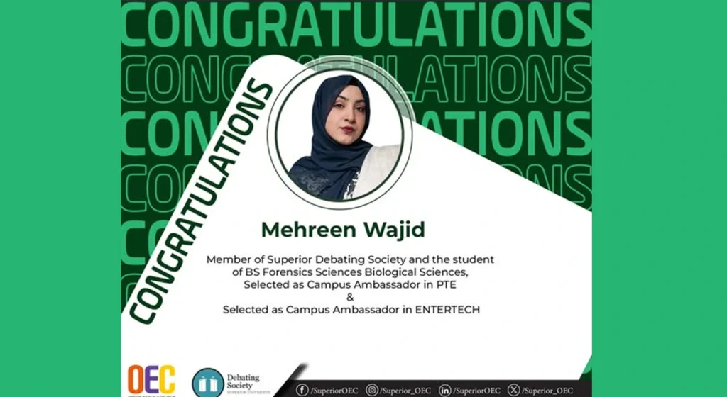 Mehreen Wajid Selected as Campus Ambassador for PTE and ENTERTECH