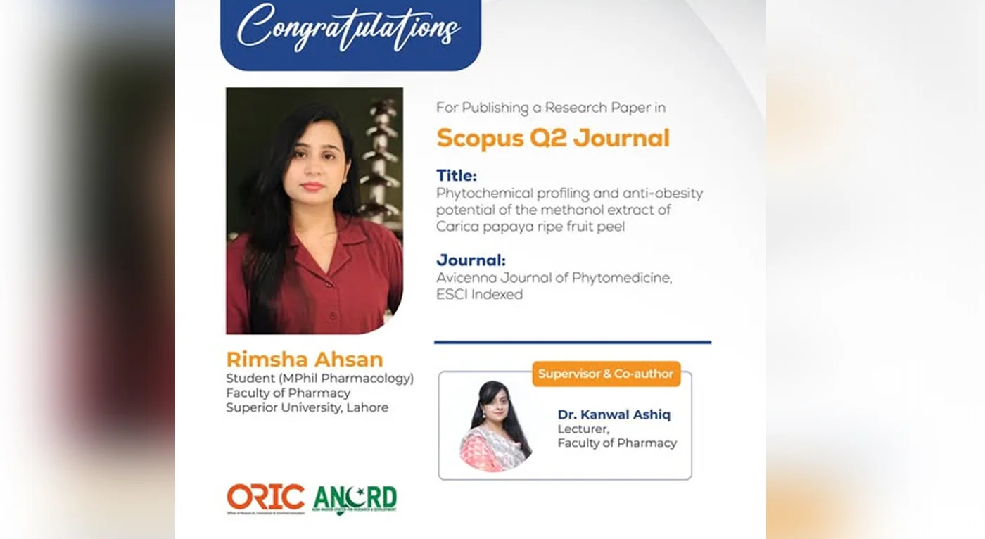 Superior University Faculty of Pharmacy Research Published in Scopus Q2 Journal on Anti-Obesity Phytomedicine Study